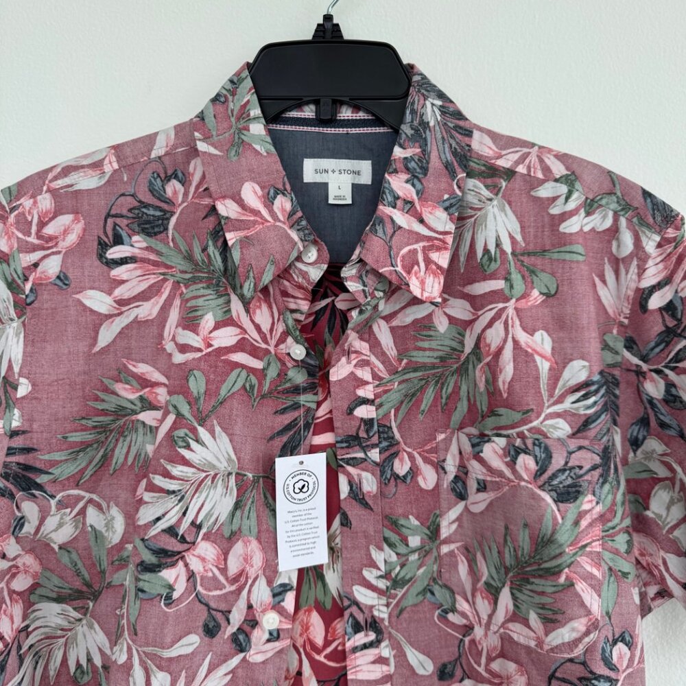 NEW: Sun & Stone Hawaiian LARGE Men's Floral Casual Short Sleeve Shirt
